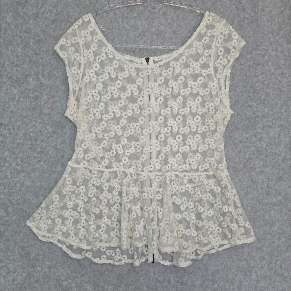 Womens Peplum Sz M Top Mesh Floral Embroidered Zip Back Fairy Coquette Festival